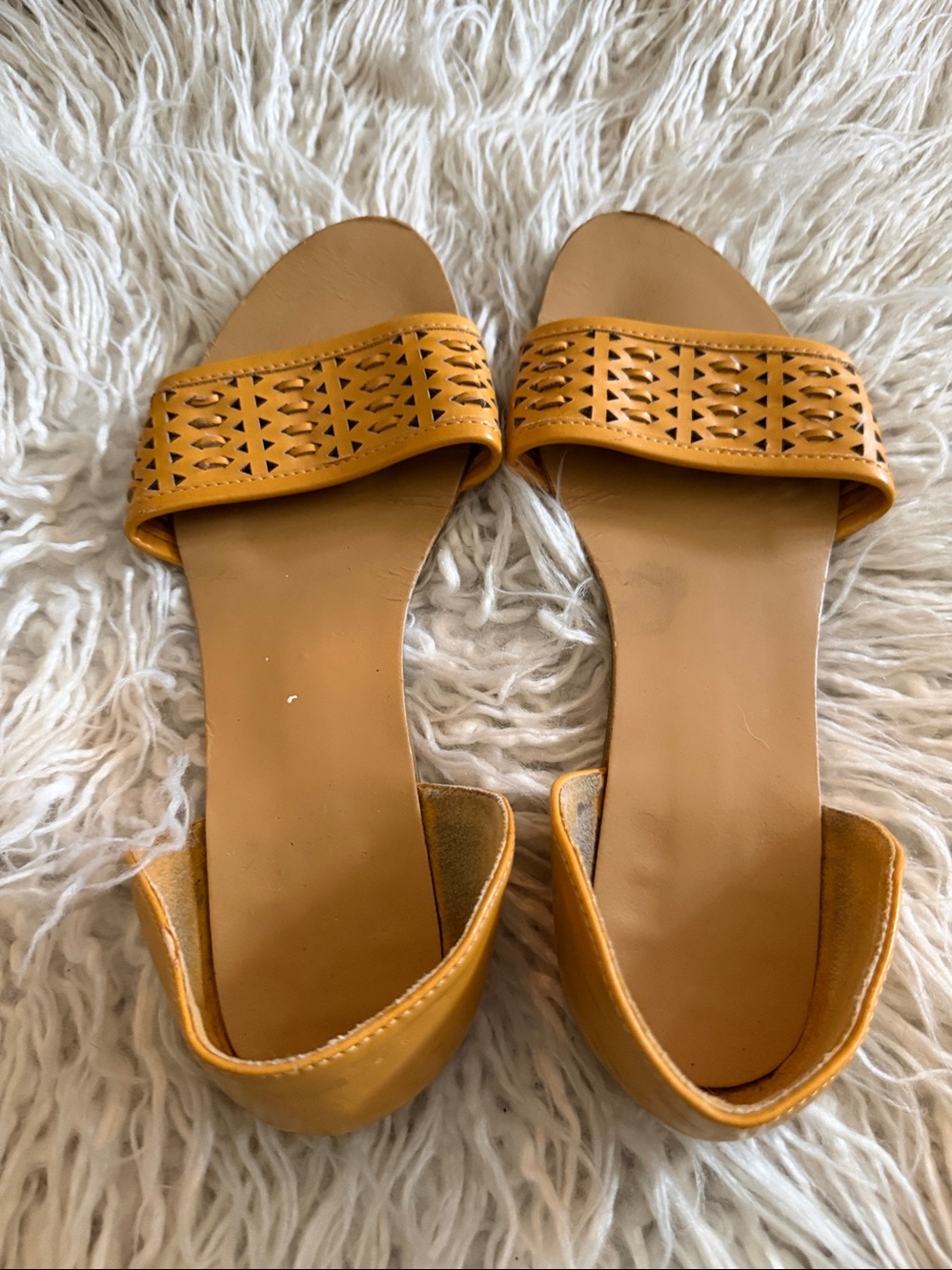 Nicole by Nicole Miller Mustard Yellow Laser-Cut Slide Sandals